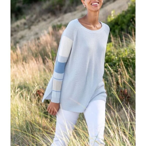 MERSEA Camden Striped Sweater Sky Blue/White Button Back Striped Sleeve ONE SIZE - Picture 1 of 10